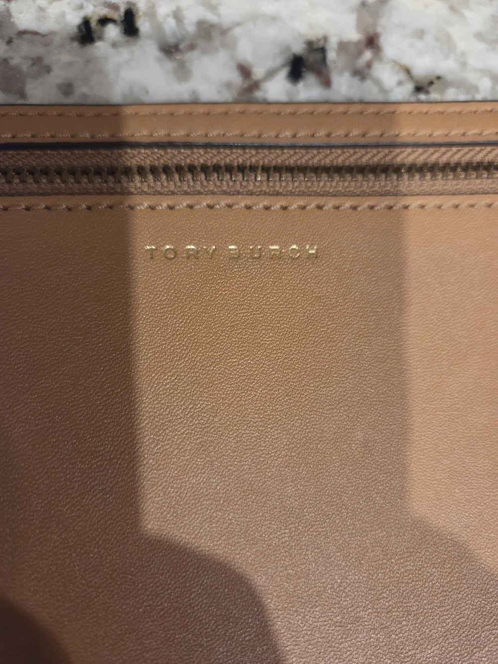 Tory Burch Tan Leather Zip Pouch with Gold Logo